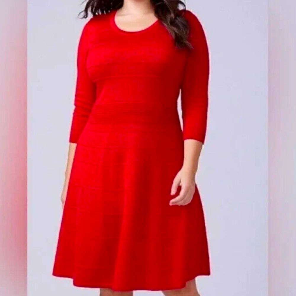 LANE BRYANT 22-24 Lane Bryant Red 3/4 Sleeve Fit N Flare Sweater Dress ScoopNeck